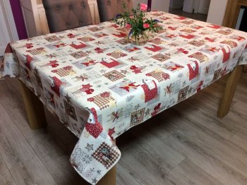 Nappe de Noël, Lurex rennes, étoiles, moufles, beige, rectangulaire, polycoton jacquard