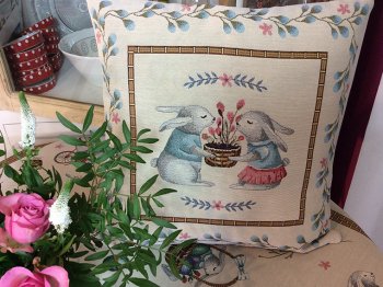 Housse de coussin, Couple de lapins, carrée 45x45cm, polycoton jacquard