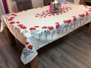 Nappe provençale Coquelicots, fond écru ou jaune, rect-ovale, 160x250 cm, 100% coton ou 100% coton enduit anti-taches