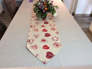 Chemin de Table Coeurs et cigognes d'Alsace,fond effet lin, polycoton