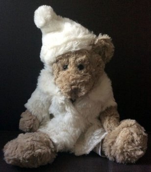 Peluche Ours, manteau et bonnet blancs, polyester, 35 cm