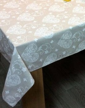Nappe Coeurs en arabesques sur fond à effet lin, carrée, polycoton