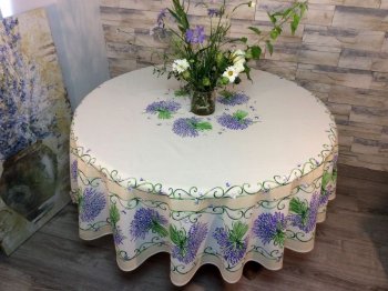 Nappe provençale Bouquets de lavande, centrée, fond écru ou jaune, ronde Ø 180 cm, 100% coton ou coton enduit anti-taches