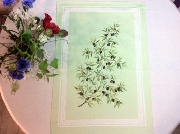 Torchon provençal, Olives, vert, rectangulaire, 50x70 cm, 100% coton