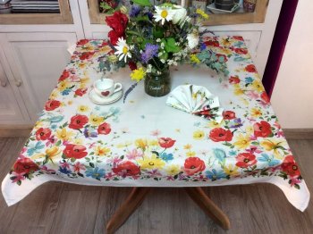 Nappe provençale Coquelicots et fleurs, sur fond écru, carrée 100x100 cm, 100% coton