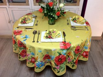 Nappe provençale Coquelicots et fleurs, jaune, ronde Ø 180 cm, 100% coton