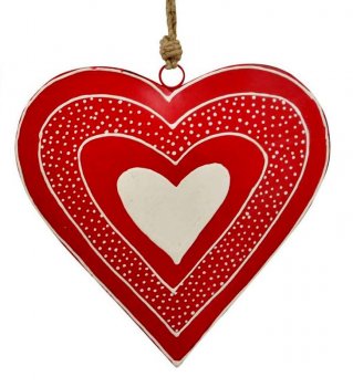 Coeur rouge bombé et décoré de coeurs et points blancs, métal
