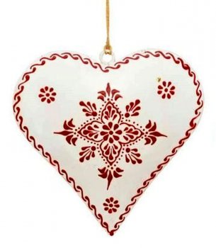 Coeur blanc-rouge, bombé et décoré d'arabesques, métal 