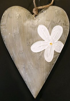 Coeur Fleur de tiare, effet design, vieilli, gris-verdâtre, métal