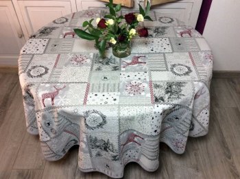 Nappe Lofer Montagne chic, chalets, rennes, flocons, sur fond gris-rouge ou gris-safran, ronde, polycoton jacquard réversible
