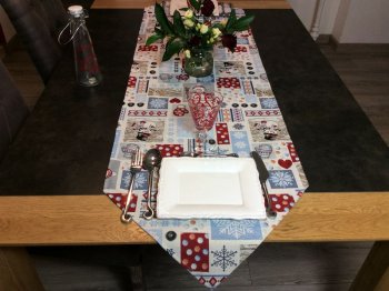 Chemin de Table, Patch Bonhommes de neige et moufles, 48x170 cm, polycoton jacquard
