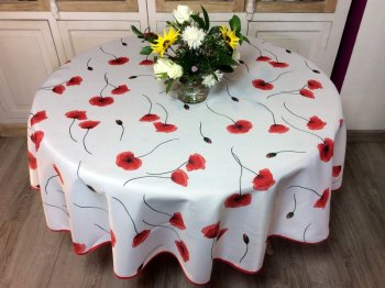 Nappe provençale Coquelicots, fond blanc, ronde, 100% polyester anti-taches
