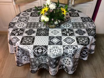 Nappe Carreaux de ciment, noir ou bleu, ronde Ø160 cm, 100% polyester anti-taches