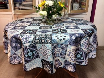 Nappe Carreaux de ciment, bleu, ronde Ø160 cm, 100% polyester anti-taches