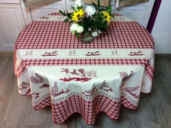 Nappe La Ferme, rouge Vichy, fond écru, ronde Ø 180 cm, 100% polyester anti-taches