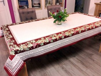 Nappe Vendange, raisins, rouge ou écru, rectangulaire, 150x250 cm, polycoton jacquard