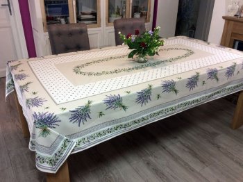 Nappe provençale Lauris, lavande/olives beige, centrée, rectangulaire 160x200, 160x250 cm, 100% coton