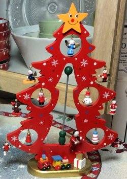 Sapin de Noël, Bonhomme et ressort, rouge, base socle doré, 28.50x20x6.50 cm, bois