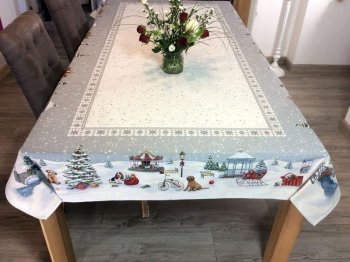 Nappe de No&euml;l, Carrousel de No&euml;l, sapins et chiens, centr&eacute;e, gris ou rouge, rectangulaire, polycoton jacquard