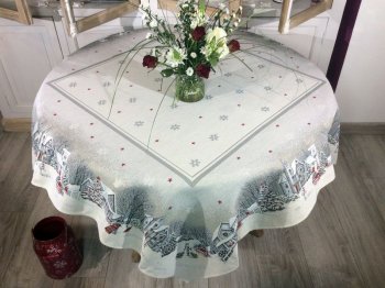 Nappe de Noël, Village nordique, étoiles rouges, centrée, carrée 140x140 cm, polycoton jacquard