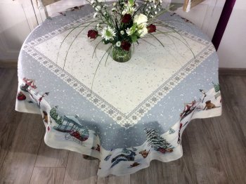 Nappe de Noël, Carrousel de Noël, sapins et chiens, centrée, carrée 140x140 cm, polycoton jacquard