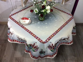 Nappe de Noël, Traineau de rennes dans ciel étoilé, centrée, carrée 140x140 cm, polycoton jacquard
