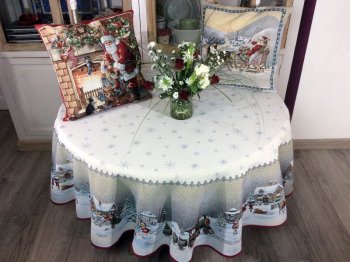 Nappe de Noël, Train du Père Noël sur la neige, centrée, ronde, polycoton jacquard