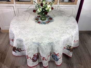 Nappe de Noël, Couronnes et boules de Noël, centrée, effet marbré, ronde, polycoton jacquard