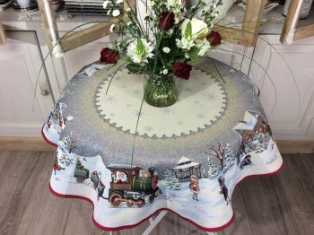 Nappe de Noël, Train du Père Noël sur la neige, centrée, ronde Ø 90 cm, polycoton jacquard