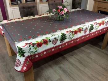 Nappe Noël, fleurs de noël rouges et coeurs, centre gris ou rouge, rectangulaire 150x300 cm, 100% polyester anti-taches