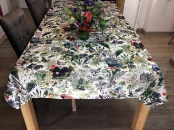 Nappe Renards, chouettes et oiseaux dans le bois, rectangulaire, polycoton velours