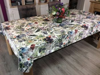 Nappe Renards, chouettes et oiseaux dans le bois, rectangulaire 140x250 cm, polycoton velours