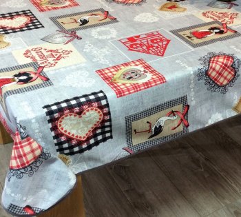 Nappe Alsacienne Hartzélé, coeur d'Alsace et cigogne, fond gris, carrée 150x150 cm, 100% polyester anti-taches