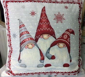 Housse de coussin hivernale, Lutins et flocons de neige, sur fond écru, carrée 45x45 cm, polycoton jacquard