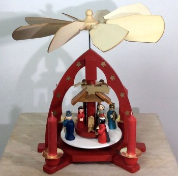 Pyramide de Noël, Crèche étoiles dorées, rouge, 25x21x16 cm, bois découpé au laser