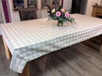 Nappe de Noël, Salla Lurex, sapins allover, beige irisé, rectangulaire, polycoton jacquard réversible