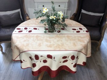 Nappe Feuilles bordeaux, sur un fond beige marbré, ronde Ø160 cm, 100% polyester anti-taches