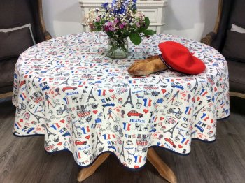 Nappe Vive la France, Tour Eiffel, baguette, croissant, vin, ronde Ø 160 cm, 100% coton