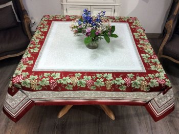 Nappe Vendange, raisins, rouge, carrée, 145x145 cm, polycoton jacquard