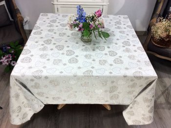 Nappe Turia, Coeurs argentés et arabesques, sur fond beige-taupe, carrée 200x200 cm, polycoton jacquard réversible