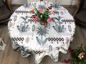 Nappe Cocoty, palmiers et géométriques, noir, blanc et marron, sur fond écru, ronde Ø180 cm , 100% polyester anti-taches