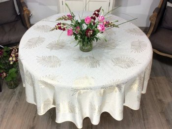 Nappe Sunny gold, feuilles dorées, arabesques, sur fond blanc, ronde, Ø180 cm, 100% polyester anti-taches