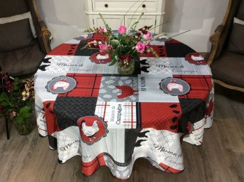 Nappe Auberge, carreaux campagne, poules, noir, rouge, gris, ronde Ø 180 cm, 100% polyester anti-taches