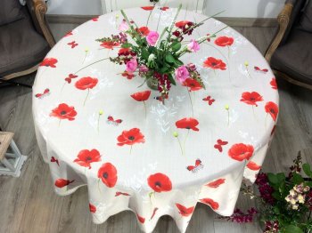 Nappe provençale Coquelicots et papillons rouges, sur un fond beige, ronde Ø 180 cm, 100% polyester anti-taches