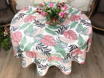 Nappe Feuillage , rose, vert, noir, sur un fond écru, ronde Ø160 cm, 100% polyester anti-taches