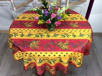 Nappe provençale Mimosa, lavande et citrons, bleu ou rouge, ronde Ø 160 cm, 100% polyester anti-taches