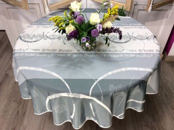 Nappe Astrid, Traits géométriques, sur fond gris-crème, ronde Ø160 cm, 100% polyester anti-taches