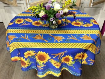 Nappe provençale Tournesol, blé et olives, fond bleu-jaune, ronde Ø160 cm, 100% polyester anti-taches