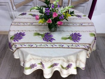 Nappe provençale Lavandou, bouquets de lavande, écru ou parme, ronde Ø160 cm , 100% polyester anti-taches