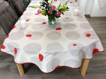 Nappe provençale Coquelicots et cercles gris, sur un fond écru, ovale, 150x240 cm, 100% polyester anti-taches